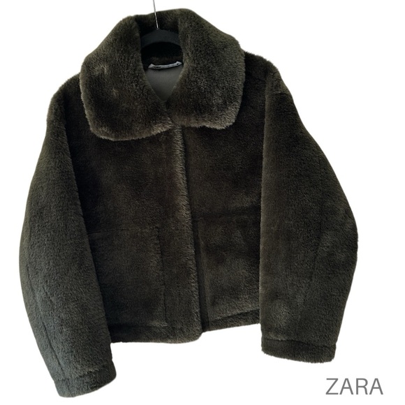 ZARA | NWOT FAUX FUR JACKET ZW COLLECTION DARK GREEN KHAKI TEDDY COAT | EXTRA SM - Picture 1 of 12